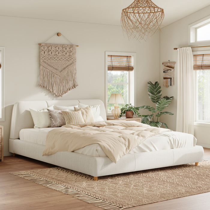 Lit Acheson Rembourre avec Tete de Lit en Lin Doux, Taille King - Beige