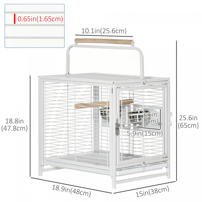 Pawhut Cage De Transport Pour Oiseaux Pour Perroquets, Conures, Perruches Calopsittes Grises D'afrique Avec Perchoir, Bols En Acier Inoxydable, Plateau Coulissant, Blanc