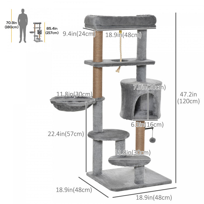 Pawhut Arbre A Chat, Tour A Chat A Plusieurs Niveaux De 47 Po Avec Griffoir, Hamac, Condo Pour Chat, Perchoir, Balle Jouet, Grand Arbre A Chat Pour Chat D'interieur, Gris