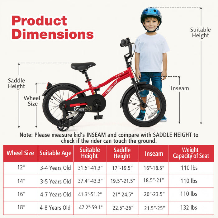 Velo Costway 16\" Pour Enfants Pour Garcons Et Filles De 4 A 7 Ans Avec Reflecteurs Reglables De Frein A Main De Siege Rouge