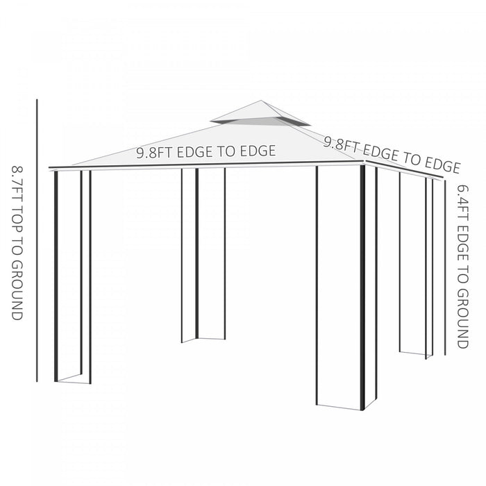 Outsunny 10' X 10' Tonnelle Pavillon Jardin Patio Terrasse Gazebo Auvent Abri D'exterieur Avec Double Toit Ventile, Moustiquaire Cadre En Acier Blanc