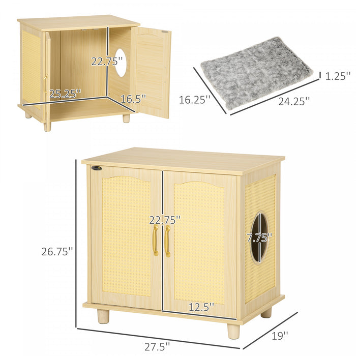 Pawhut Bac A Litiere Pour Chat Avec Coussin Souple, Banc De Rangement, Table D'extremite Avec Bordure En Rotin, Structure En Bois, Portes Magnetiques, Montage Facile, Chene