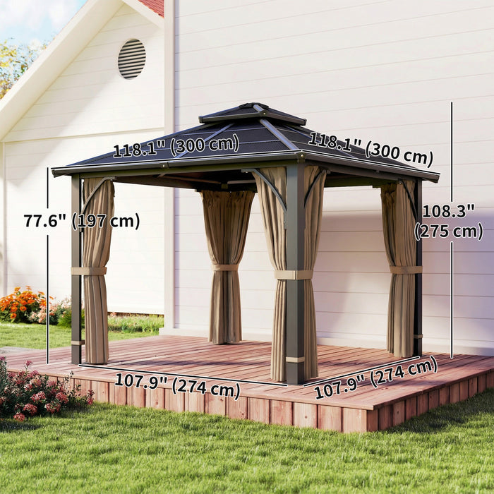 Outsunny Tonnelle 3 x 3 m avec Toit Rigide en Polycarbonate et Rideaux, Kaki