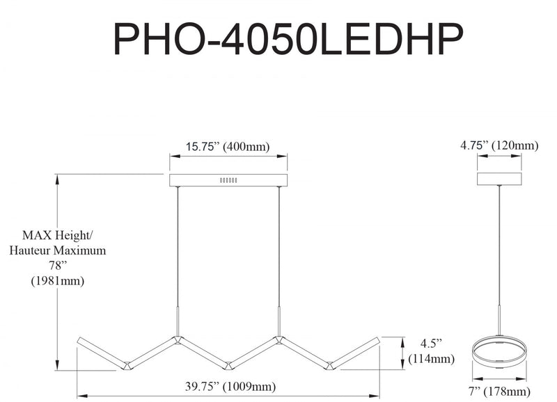 Luminaire suspendu horizontal Philo de Dainolite en silicone blanc qui diffuse la lumière, avec fini noir mat et ampoule à DEL de 50 W