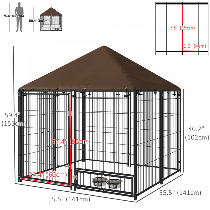 Pawhut Chenil Exterieur Pour Chien De 4.6' X 4.6' X 5' Avec Auvent, Bols Rotatifs, Porte Pour Cour Et Jardin, Cafe