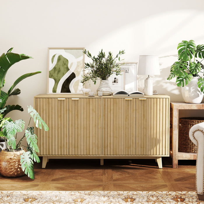 Buffet moderne de 55 po avec portes cannelees et pieds en bois naturel