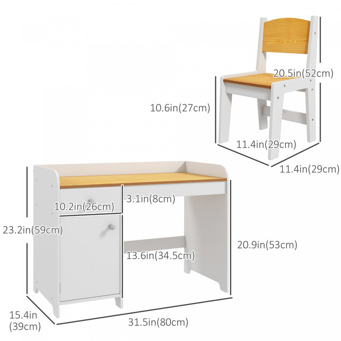 Qaba Ensemble Bureau Et Chaise Pour Enfants De 3 A 6 Ans Avec Tiroir De Rangement, Table D'etude Et Chaise Pour Enfants, Blanc
