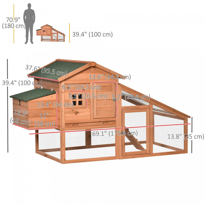 Pawhut 69\" Poulailler En Bois Poulailler Pour Poules Clapier A Lapins Cage Pour Volailles Enclos Pour L'exterieur Cour Arriere Avec Parcours Exterieur Nichoir De Repos Plateau Amovible