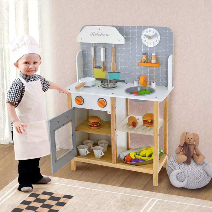 Cuisine Pour Enfants En Bois Avec Etageres De Rangement, Accessoires De Cuisine, Horloge Mignonne Et Son Realiste, Jeu De Cuisine D'imitation Pour Tout-petits, Cadeau Pour 3+ Ans