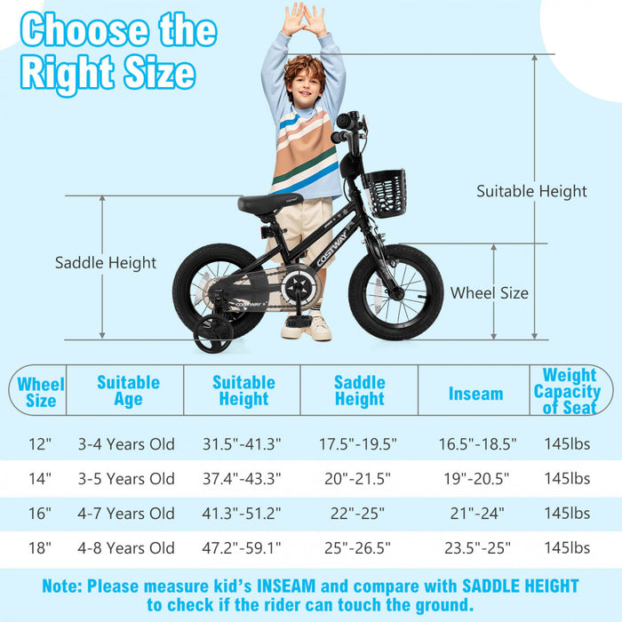 Costway 14\" Velo Pour Enfants Avec Roues D'entrainement Guidon Et Frein A Main Reglable Noir