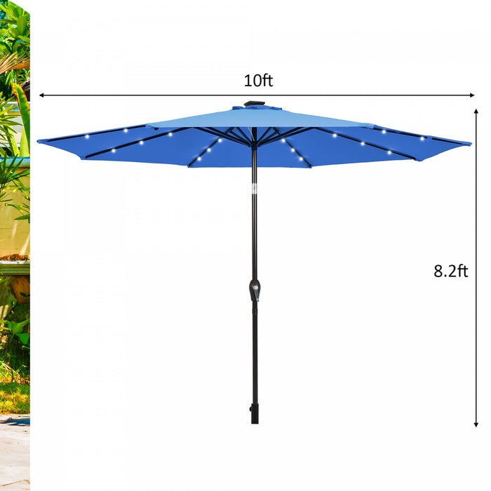 Costway Parasol Solaire de Patio 10FT LED Marche d'Exterieur en Acier Incline avec Manivelle Bleu Neuf