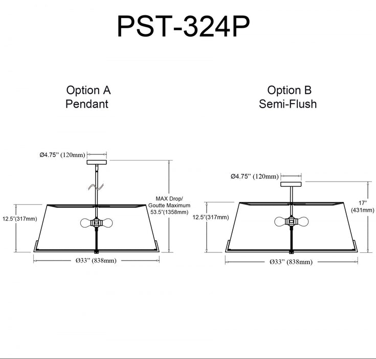 Luminaire suspendu Preston de Dainolite de 33 po de diamètre avec abat-jour en tissu noir, fini noir mat et 4 ampoules