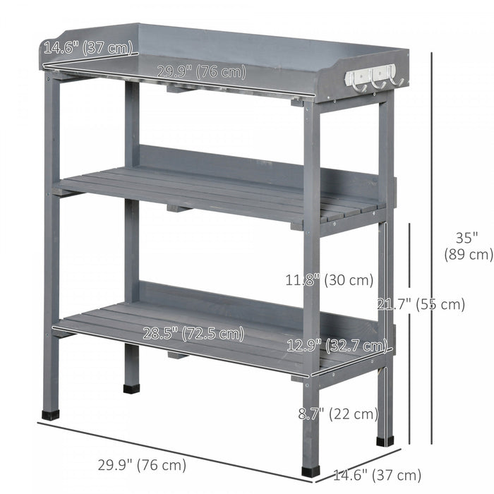 Outsunny Table De Rempotage En Bois Pour Jardin Avec Crochets, Gris