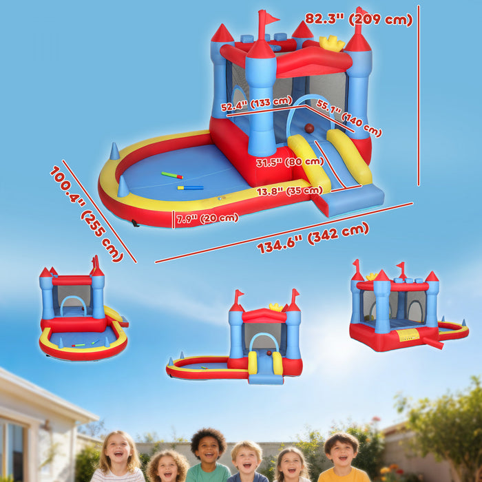 Qaba Chateau Gonflable pour Enfants avec Toboggan, Piscine/Bac a Balles, Panier de Basket