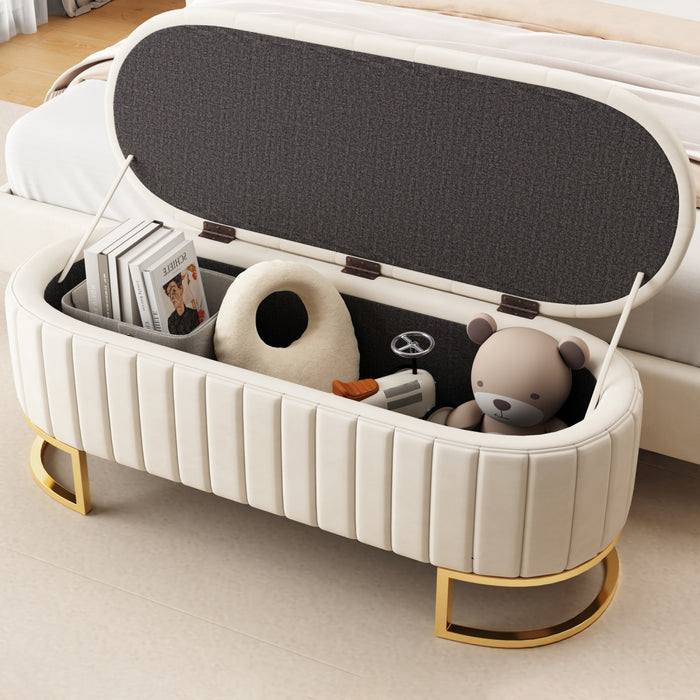 Banc de rangement elegant Amelia en velours capitonne avec pieds en metal, beige