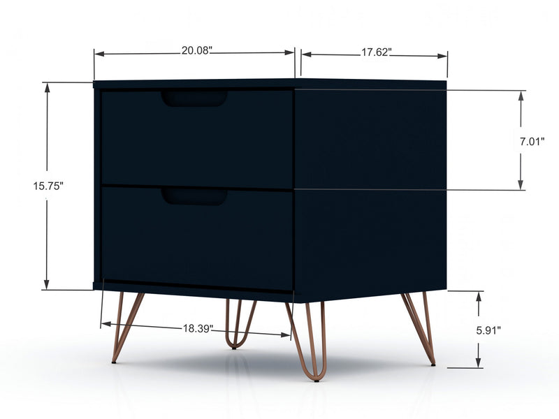 Table de nuit Rockefeller Mid-Century Modern 20\" en bleu minuit (2 tiroirs) - Lot de 2