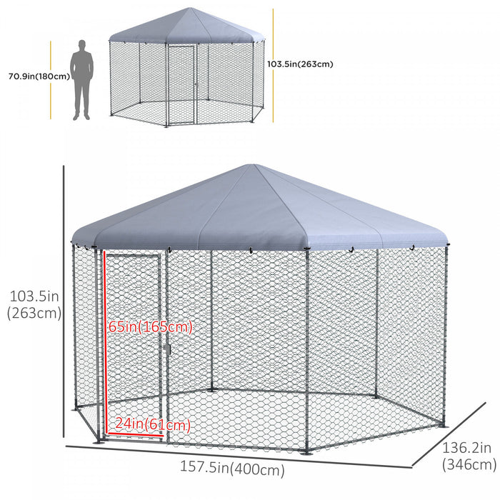 Pawhut 13.1' X 11.4' Poulet Cooperative, Grand Poulet Avec Couvercle Pour Jardin Exterieur, Cage De Volaille En Metal Pour 10 A 15 Poulets, Lapins, Canards, Argent
