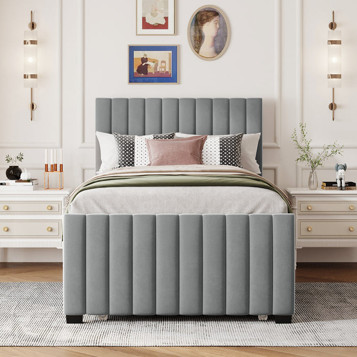 Lit plateforme Ethan rembourre en velours, gain de place, avec tiroir gigogne, taille simple, gris