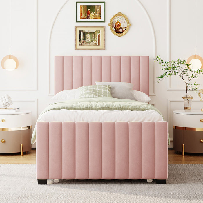 Lit plateforme Ethan rembourre en velours, gain de place, avec tiroir gigogne, taille simple, rose
