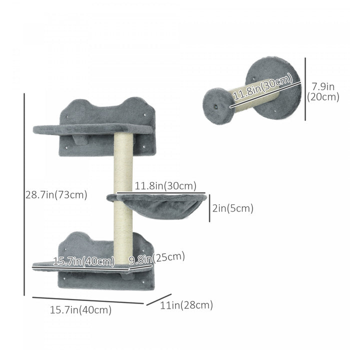 Pawhut Lot De 4 Etageres Murales Pour Chat Avec Griffoirs, Hamac, Marches, Plateformes, Mobilier Mural Pour Chat Pour Se Detendre, Dormir, Sauter, Grimpeur Mural Pour Chat D'interieur, Gris