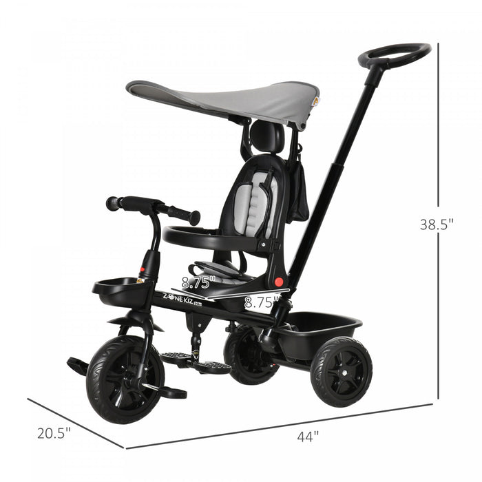 Qaba Tricycle Enfants Evolutif 4 En 1 Canne Telescopique Amovible Et Pare-soleil Pliable Demontable Angle Du Dossier Reglable Siege Pivotant Sac Et Paniers Integres Metal 44\" X 20.5\" X 38.5\" Gris
