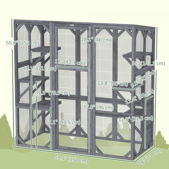 Catio Pawhut, Enclos D'exterieur Pour Chat Avec 6 Plates-formes De Saut, Toit Resistant Aux Intemperies, Grande Porte D'entree, Niche En Bois Pour 1 A 3 Chatons, 150 Cm X 71 Cm X 152 Cm, Gris