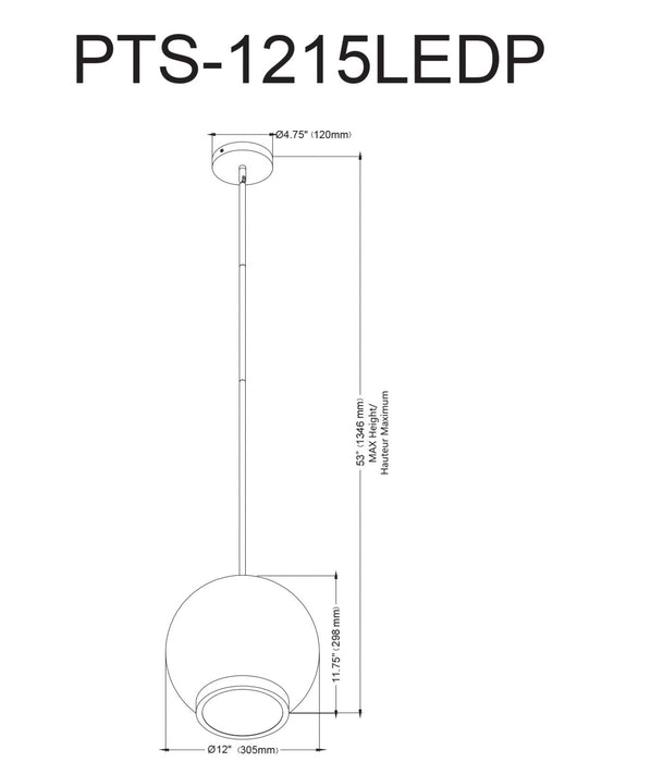 Luminaire suspendu Picotas de Dainolite en verre transparent, avec fini noir mat et ampoule à DEL de 15 W