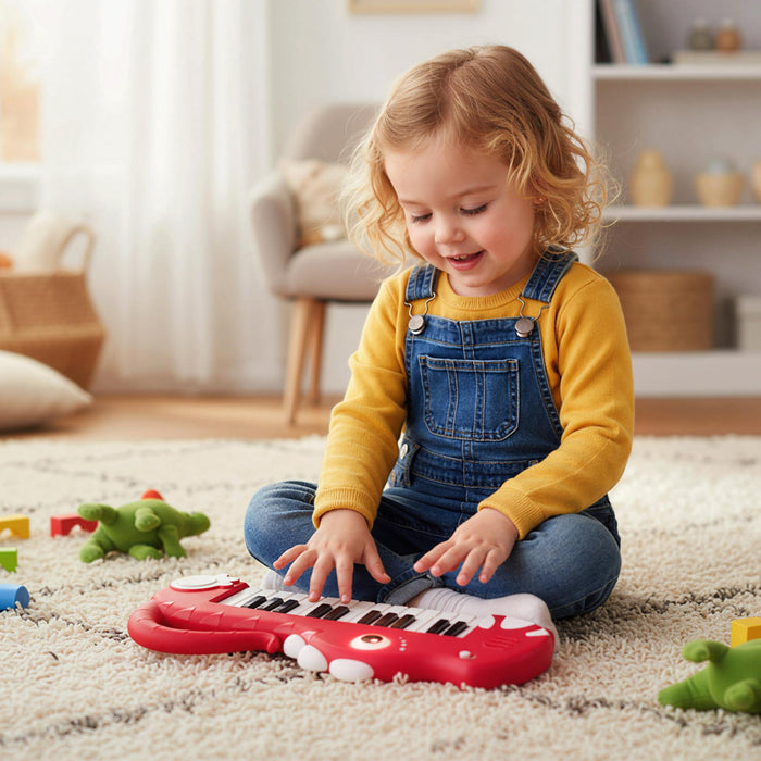 Costway Clavier de Piano pour Enfants 25 Touches en Forme de Dinosaure, Jouet Piano Numerique avec Musique et Lumieres Integrees - Rouge
