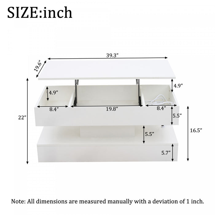 Flexi Table Basse Relevable Hydraulique 39.9 po avec Eclairage LED et Rangement Cache, Blanc