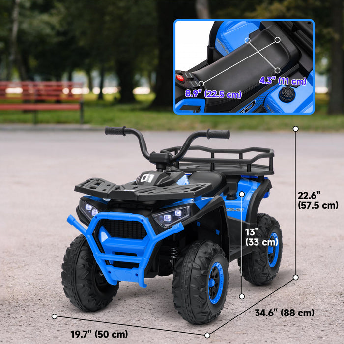 Qaba Quad, Vehicule Electrique Alimente Par Batterie 12 V Avec 4 Roues A Suspension A Ressort, Panier De Rangement, Phares Led, Musique, Pour Garcons Et Filles, Bleu