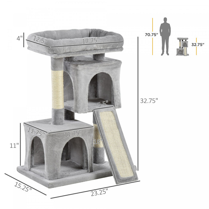 Pawhut Tour D'arbre A Chat En Peluche Centre D'activites Avec Poteau A Gratter En Sisal Planche A Gratter Condo Gris Clair
