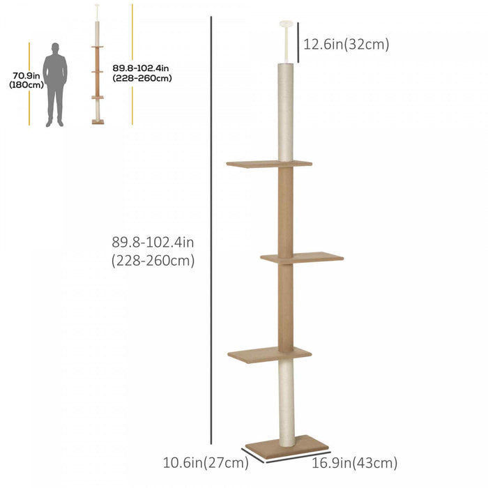 Pawhut 100\" Arbre A Chat Du Sol Au Plafond Avec 3 Perchoirs Centre D'activites Pour Chatons, Marron
