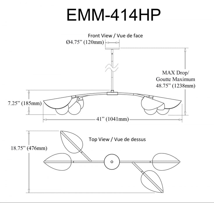 Luminaire suspendu horizontal Emma de Dainolite en verre blanc, avec fini noir mat et 4 ampoules