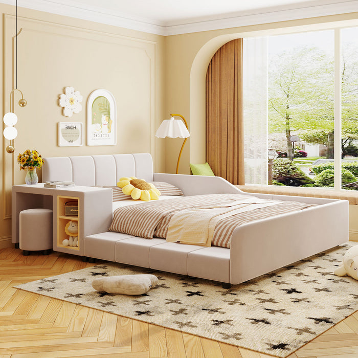 Lit Lily en velours rembourre avec bureau et tabouret, taille Full, beige