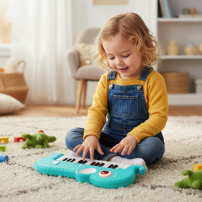 Costway Clavier de Piano pour Enfants 25 Touches en Forme d'Elephant, Jouet Piano Numerique avec Musique et Lumieres Integrees - Bleu