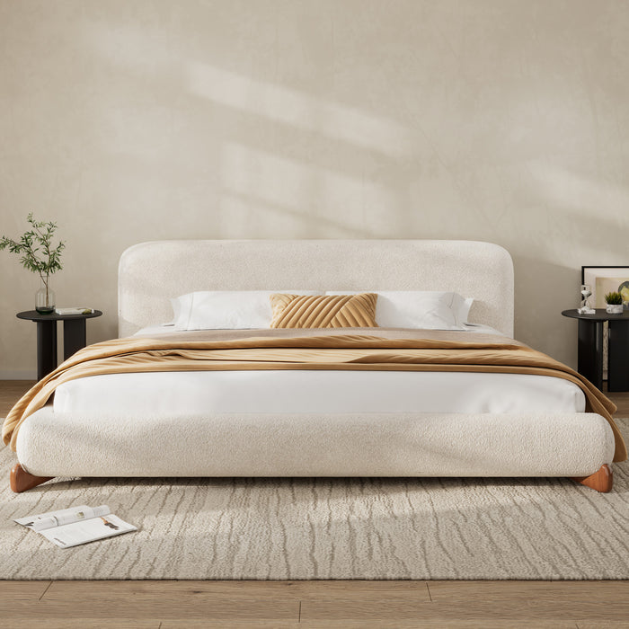 Cadre de lit plateforme Emma a profil bas avec tete de lit courbee et revetement en boucle, taille queen, blanc creme