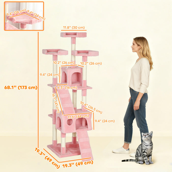 Arbre a Chat Multi-Niveaux 173 cm, Centre d'Activites pour Chats, Rose