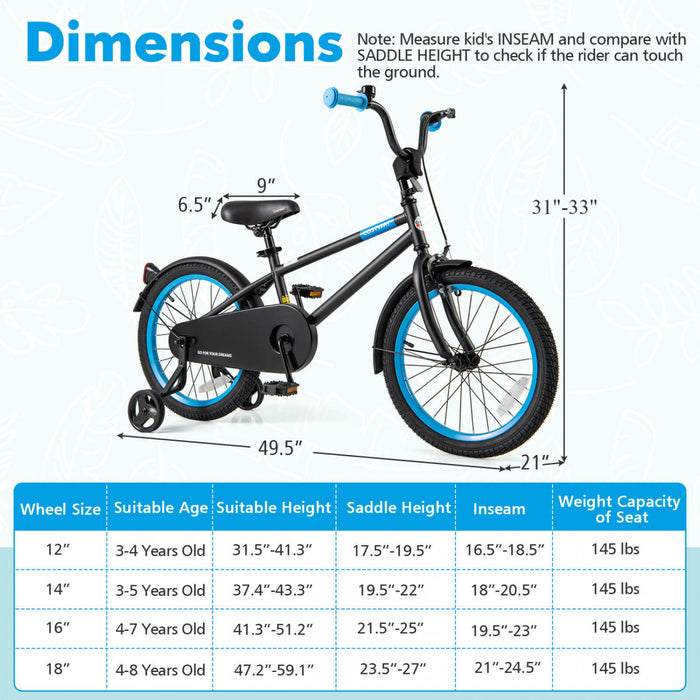 Costway 18\" Velo Pour Enfants Avec Guidon De Selle Reglable Roues D'entrainement Amovibles Frein A Main Noir