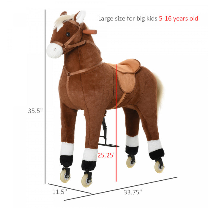 Qaba Cheval Poney Mecanique Avec Roues Grande Taille Enfants Jeunes Cheval A Bascule Jouet Pour Enfants 5-16 Ans