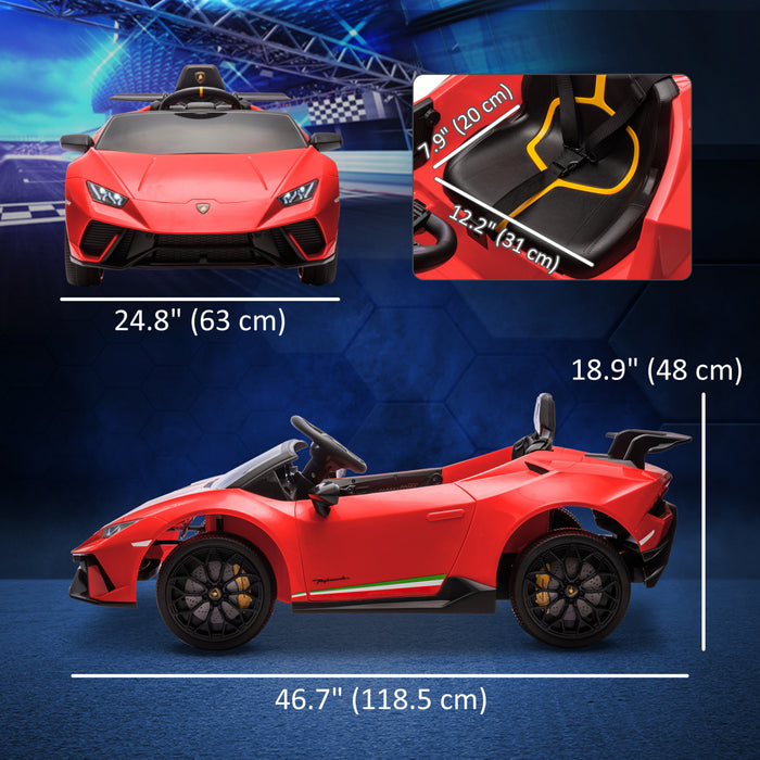 Qaba Voiture Electrique 12v Pour Enfants, Lamborghini Huracan Sous Licence, Voiture Pour Enfants Avec Telecommande, Suspension A Ressort, Lumiere Led Musique, Pour 3 A 6 Ans, Rouge