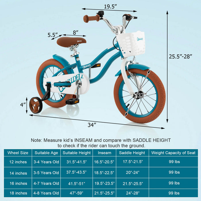 Velo Costway 12\" Pour Enfants Avec Roues D'entrainement Amovibles Et Panier Pour 3-4 Ans Turquoise