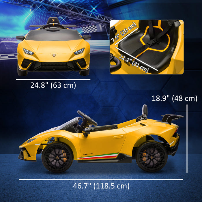Qaba Voiture Electrique 12v Pour Enfants, Lamborghini Huracan Sous Licence, Voiture Pour Enfants Avec Telecommande, Suspension A Ressort, Lumiere Led Musique, Pour 3 A 6 Ans, Jaune