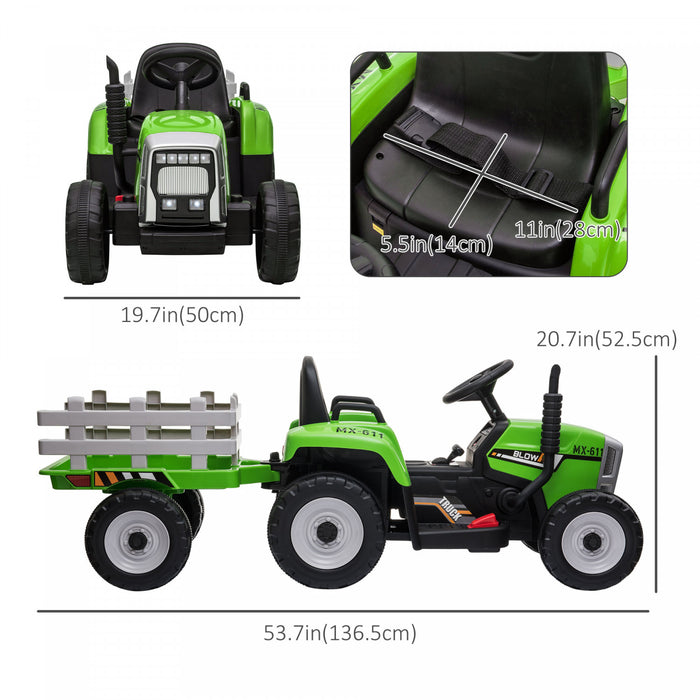 Aosom Tracteur Pour Enfants 12 V Avec Remorque, Tracteur Electrique Alimente Par Batterie Avec Telecommande, Son De Demarrage Musical Et Klaxon, Usb, Lumieres Led, Vert