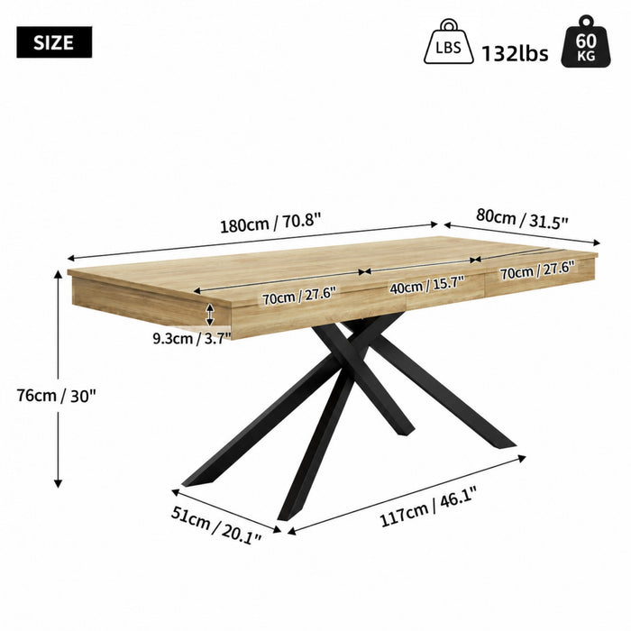 FlexDine Table a Manger Rectangulaire Extensible 55-71 po avec Pieds Croises et Finition Chene, Chene