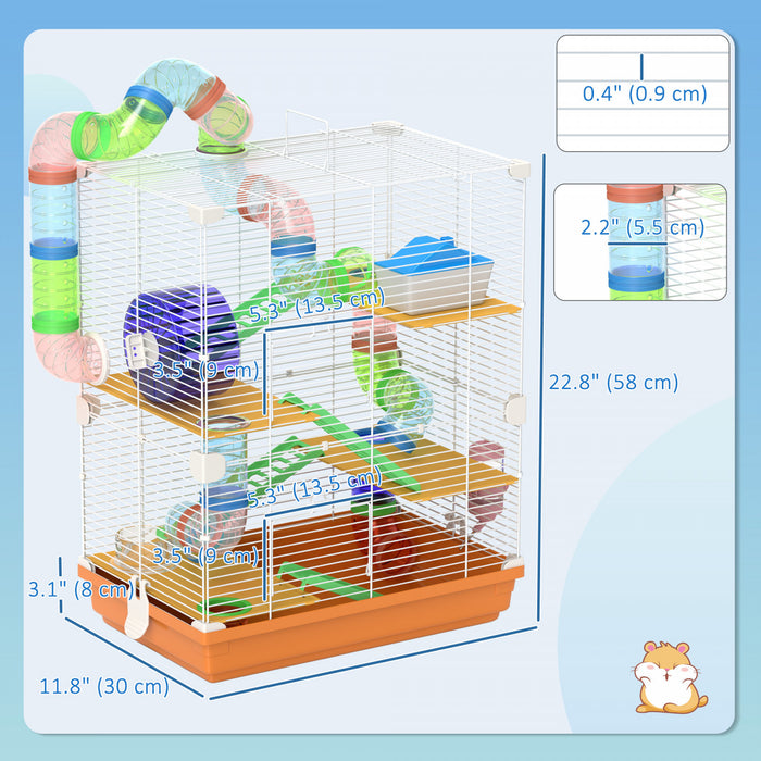Pawhut Cage A Hamster A 5 Niveaux Portable Pour Animaux De Compagnie Avec Roues D'exercice, Tube De Jeu, Bouteille D'eau, Vaisselle, Echelle De Maison Pour Gerbilles, Orange