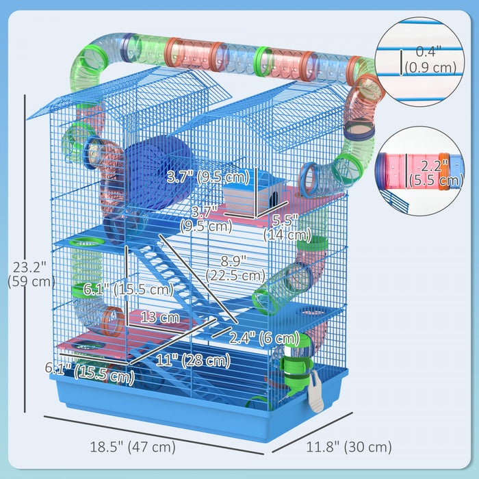 Cage Pour Hamster Souris Petit Animaux Rongeur Avec Tunnel Mangeoire Roue Jouet 47 X 30 X 59 Cm Cm Bleu