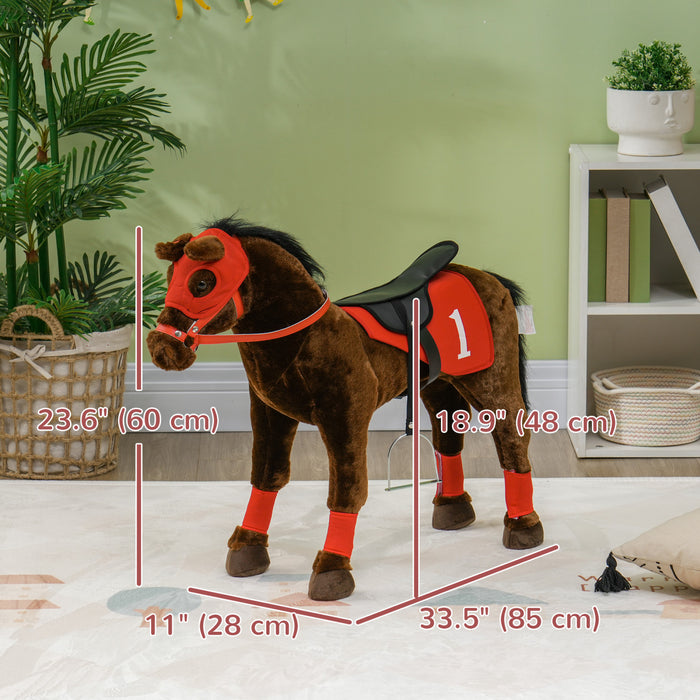 Qaba Cheval A Chevaucher, Jouets Animaux A Chevaucher Pour Enfants Avec Design De Cheval De Guerre, Hennissement, Selle, Etriers, Pour Garcons Filles 3-8 Ans, Marron