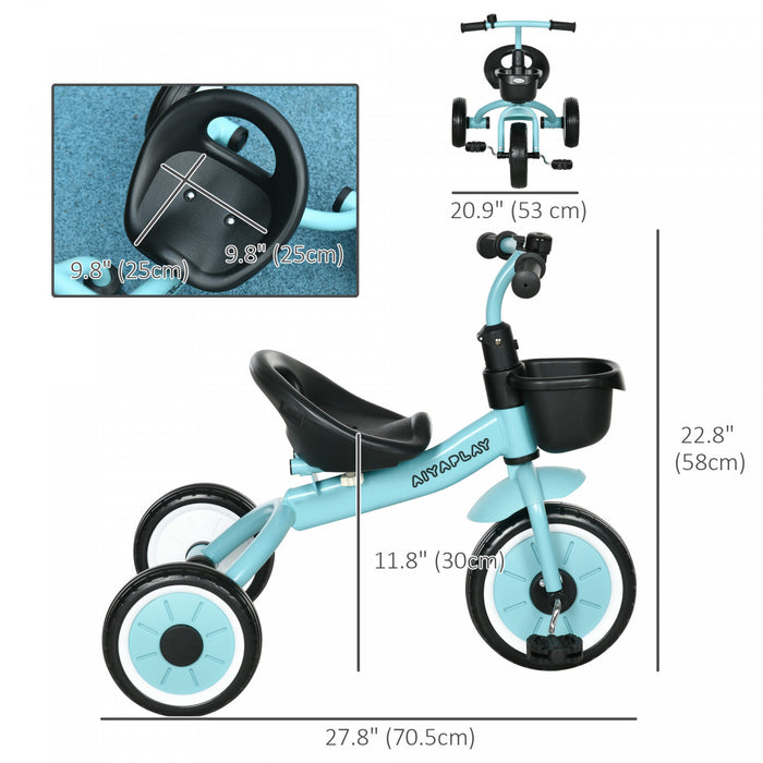 Qaba Tricycle Pour Enfants Filles Et Garcons De 2 A 5 Ans, Velo Pour Tout-petits Avec Siege Reglable, Panier, Cloche, Bleu