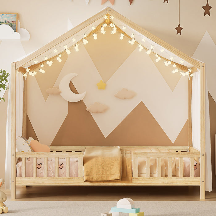 Paul Lit Montessori au sol avec baldaquin et barrieres hautes, Taille Simple, Bois Naturel
