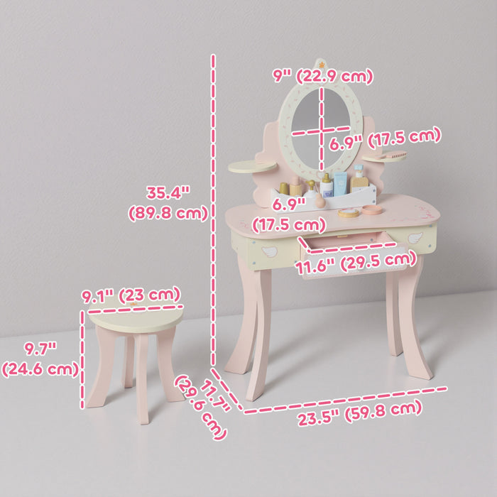 Qaba Coiffeuse pour enfants, avec miroir et tabouret, 7 accessoires